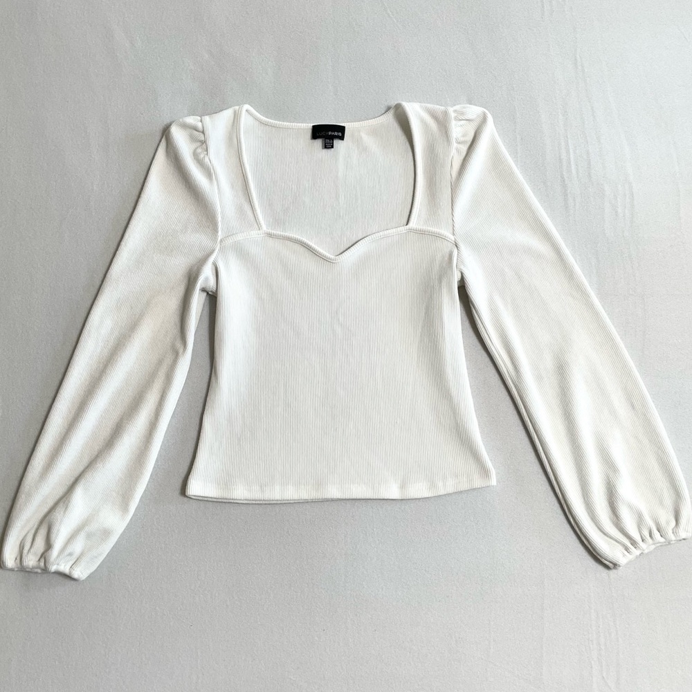 Lucy Paris White Ribbed Knit Sweetheart Puff Sleeve Sweater Top Fitted Size L - Picture 7 of 14